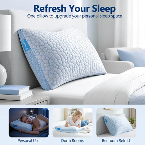 QUTOOL pillow on made bed demonstrating cool, comfortable sleep benefit