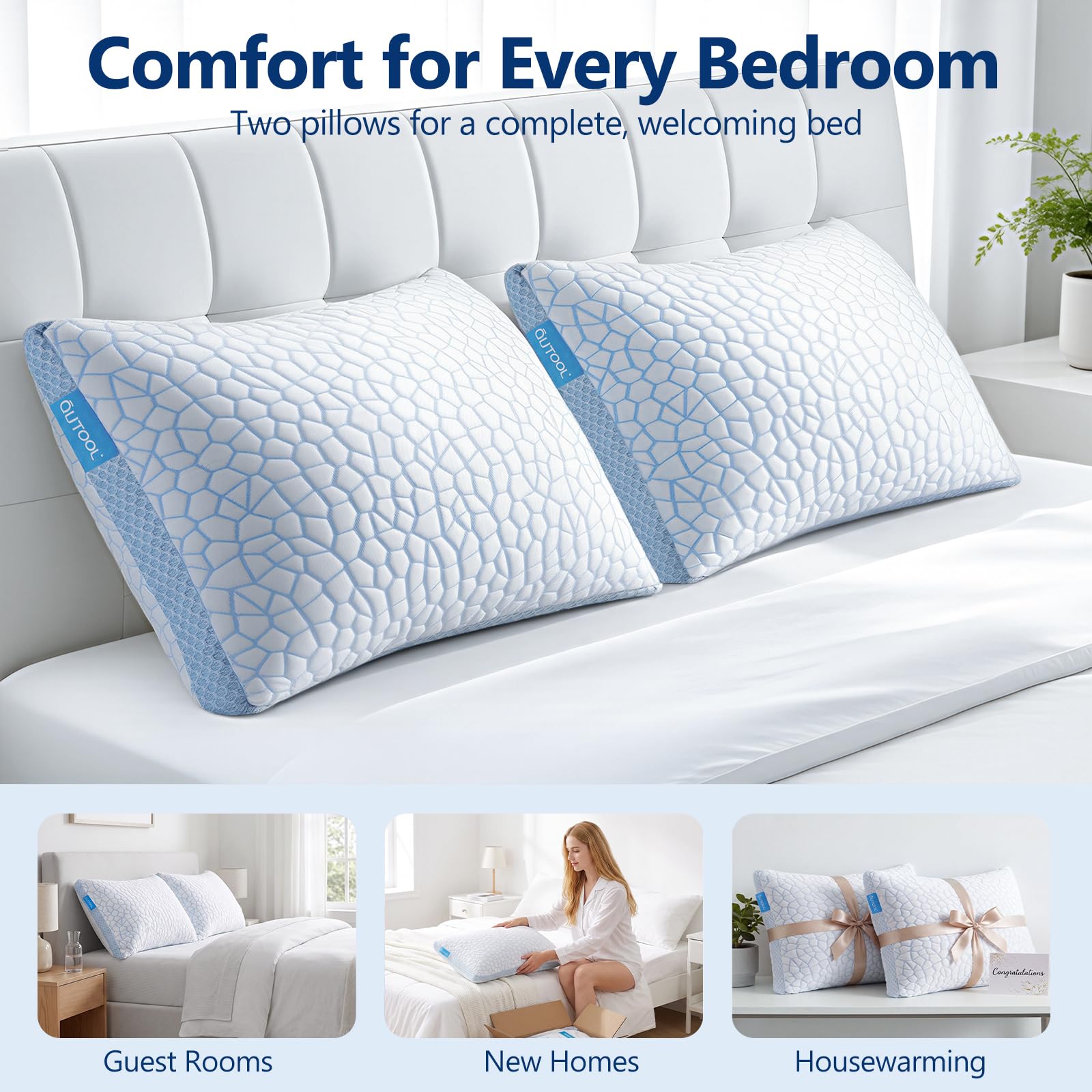QUTOOL pillows styled on bed for cool comfortable sleep ambiance
