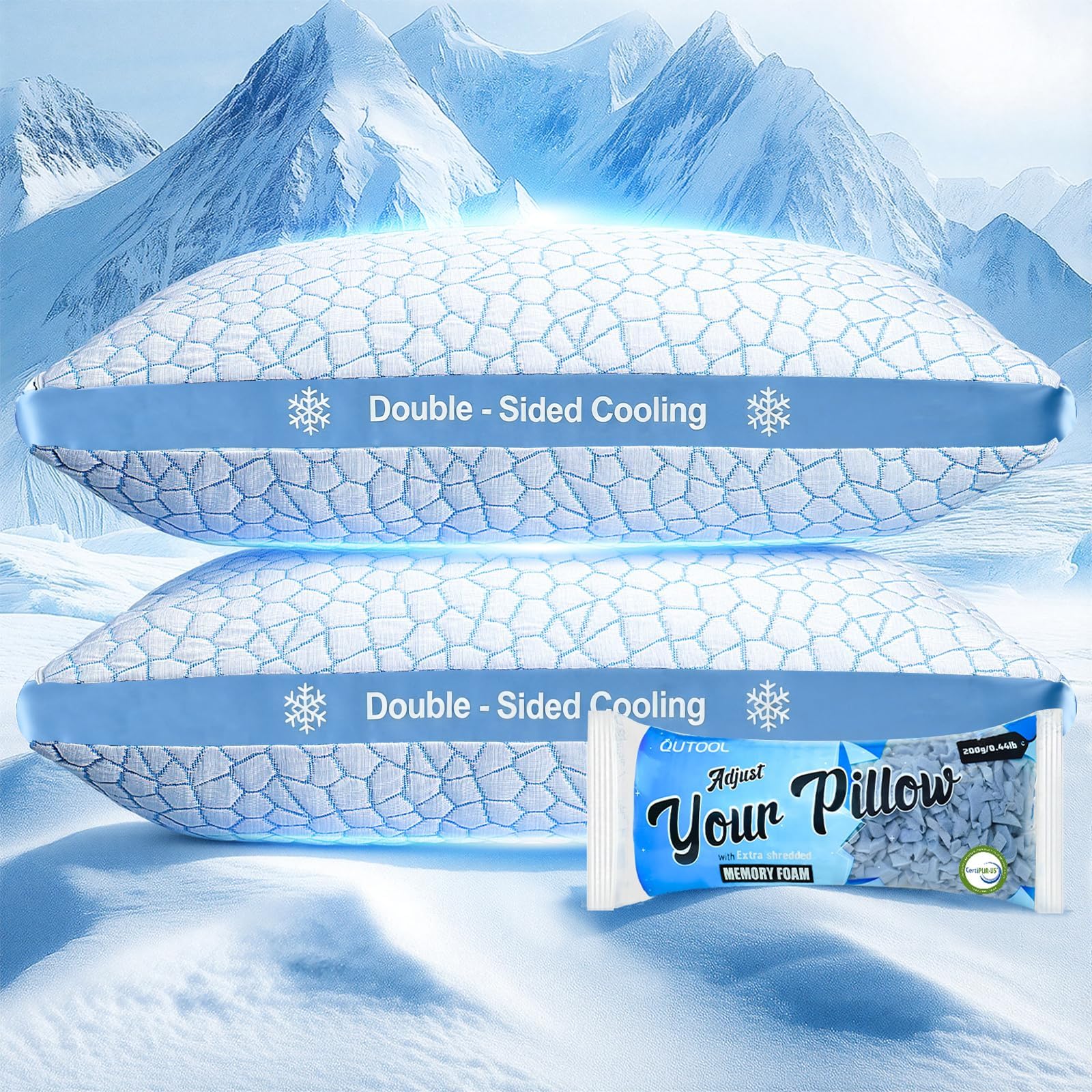 QUTOOL front view of queen double-sided cooling pillow showing clean edges and cooling cover benefit