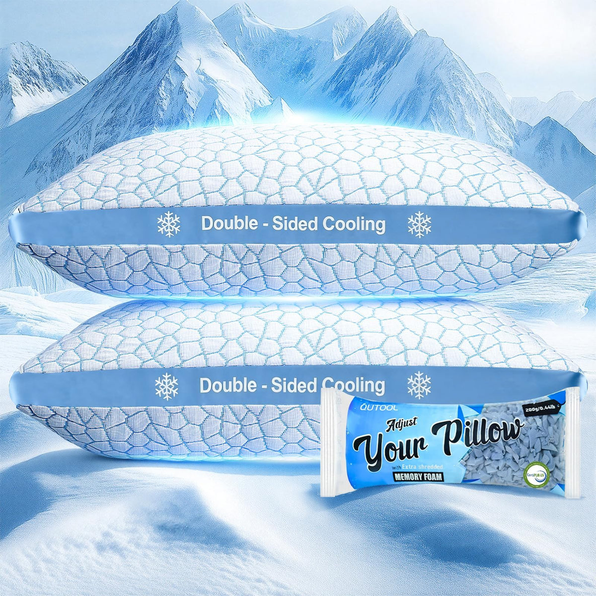 QUTOOL front view of queen double-sided cooling pillow showing clean edges and cooling cover benefit