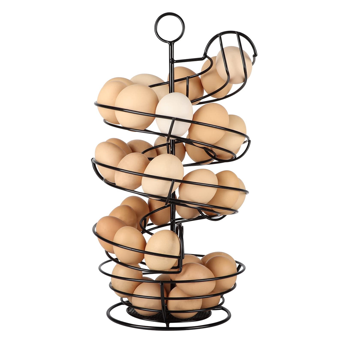QUTREY front view of black metal egg holder showing sleek spiral and capacity