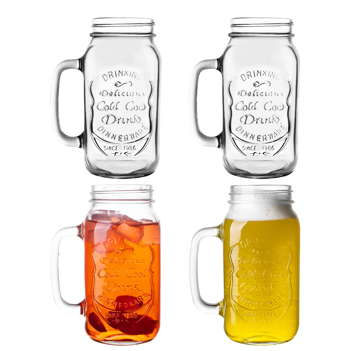 QWEZXO 24 oz mason jar front view showing full glass and rustic style for party serving