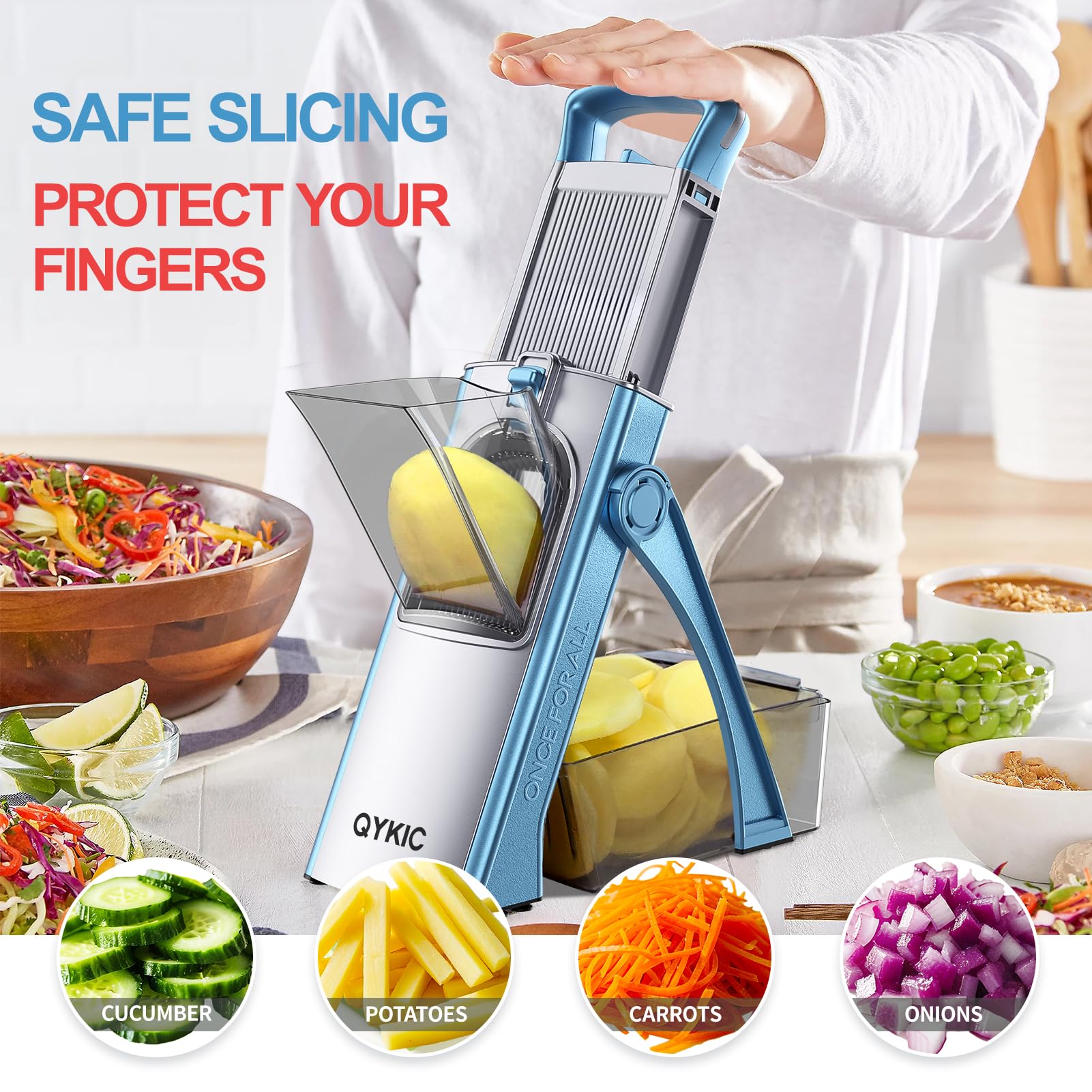QYKIC food holder and hand guard securing produce for safer cutting