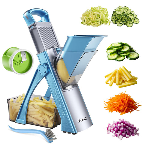 QYKIC mandoline slicer front view showing compact design and safety features