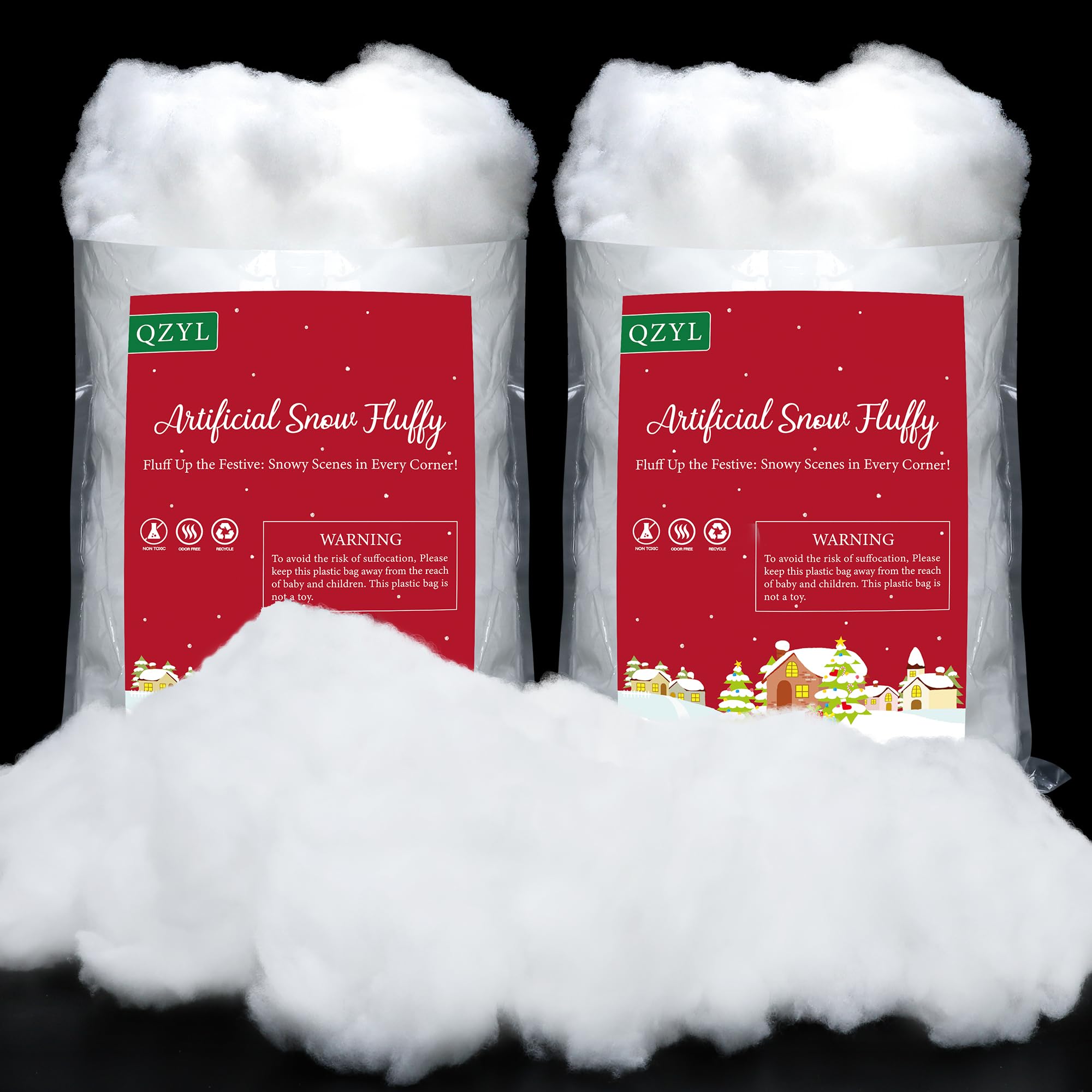QZYL front packaging of 2lb artificial snow showing product weight and style for easy selection