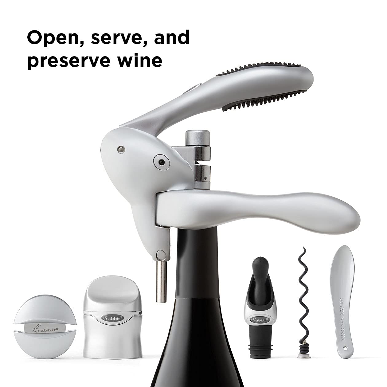 Rabbit pourer and sealer on bottle during pour, drip-free serving advantage