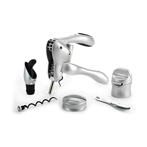Rabbit silver corkscrew front view showing lever and ergonomic grip, ease of use