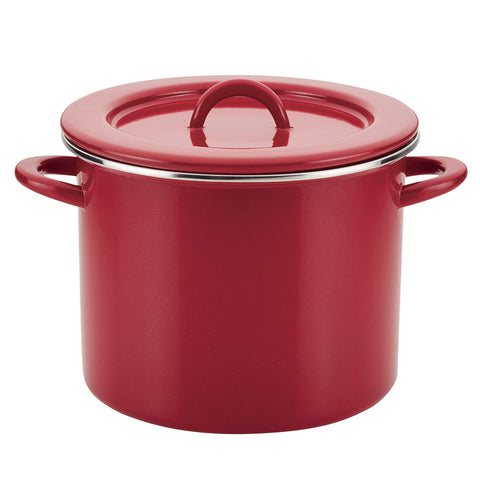 Rachael Ray 12 qt stockpot front view showing colorful enamel and capacity benefit