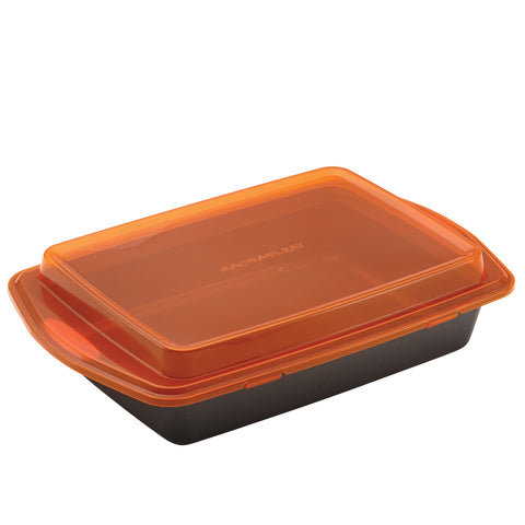 Rachael Ray front view showing sturdy pan and lid for reliable baking