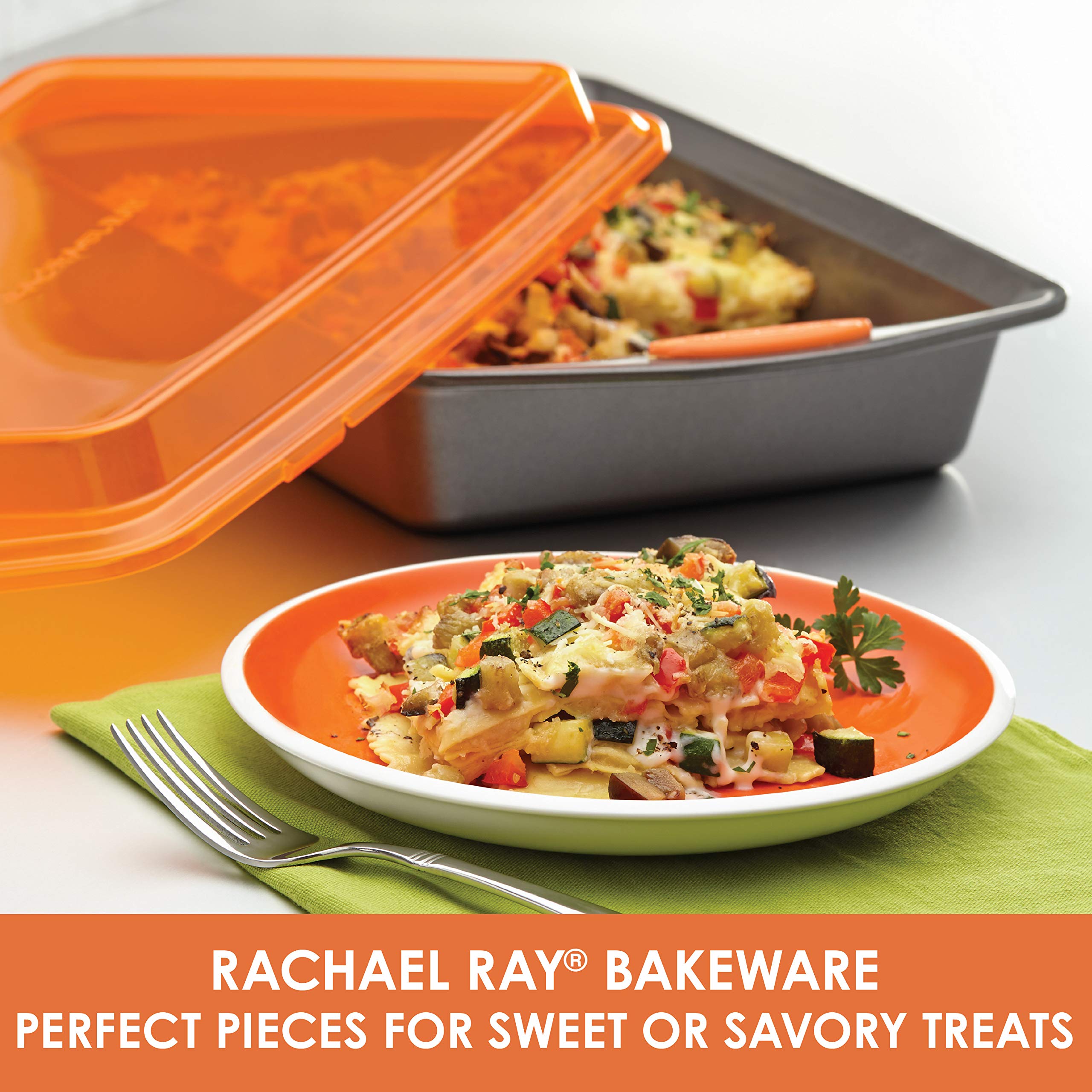 Rachael Ray pan holding a finished cake for attractive serving benefit