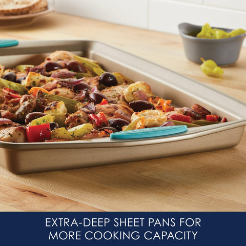 Rachael Ray 9x5 loaf pan with baked bread, consistent baking and easy slicing
