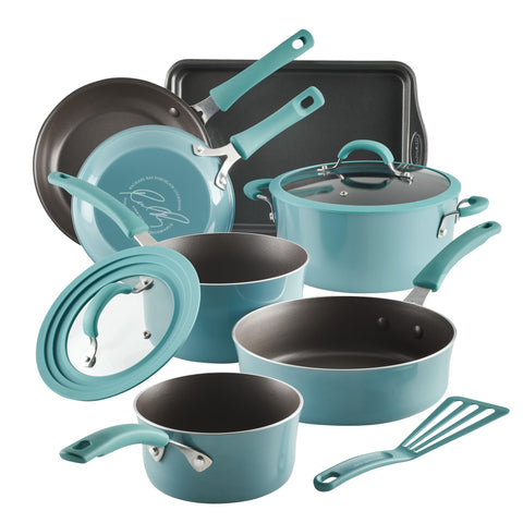 Rachael Ray front view of Agave Blue 10-piece set showing complete cookware
