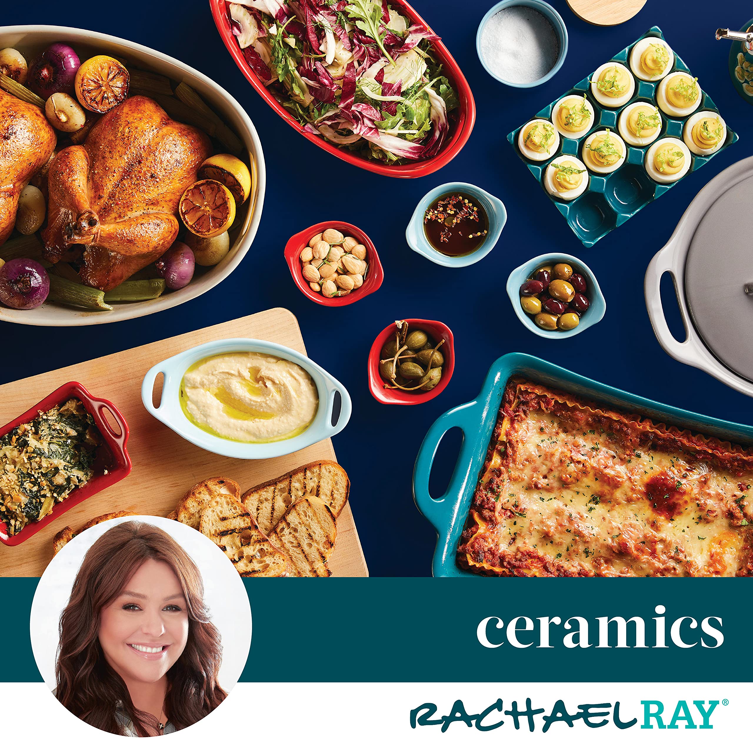 Rachael Ray baker filled with golden casserole, presents directly at table