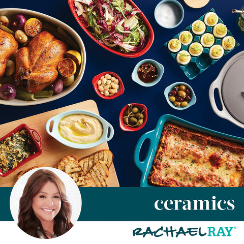 Rachael Ray baker filled with golden casserole, presents directly at table