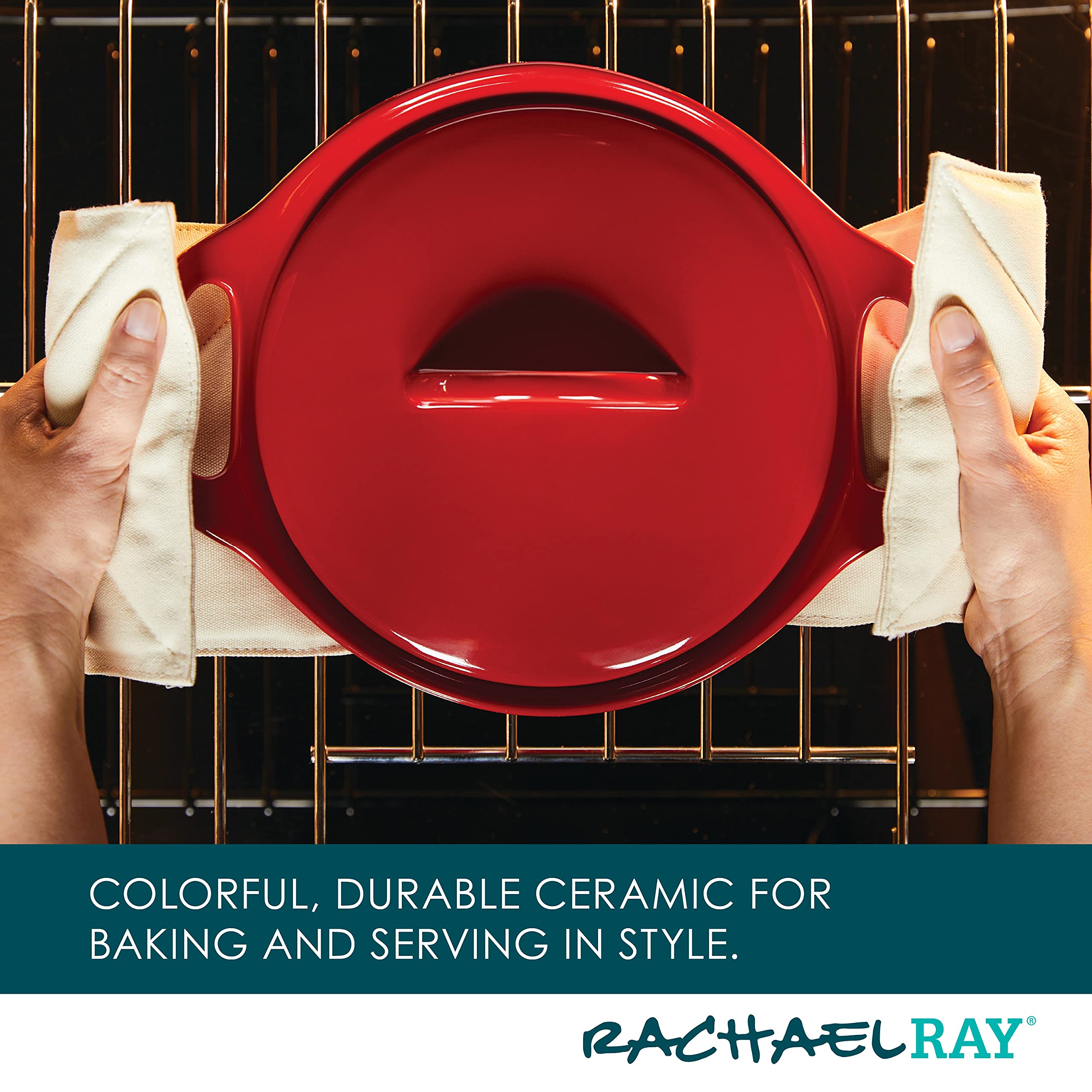 Rachael Ray shared lid on baker, convenient interchangeable cover for storage