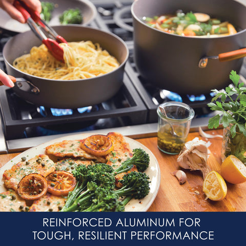 Rachael Ray Cucina 3-quart sauté pan with lid in use for browning and even cooking