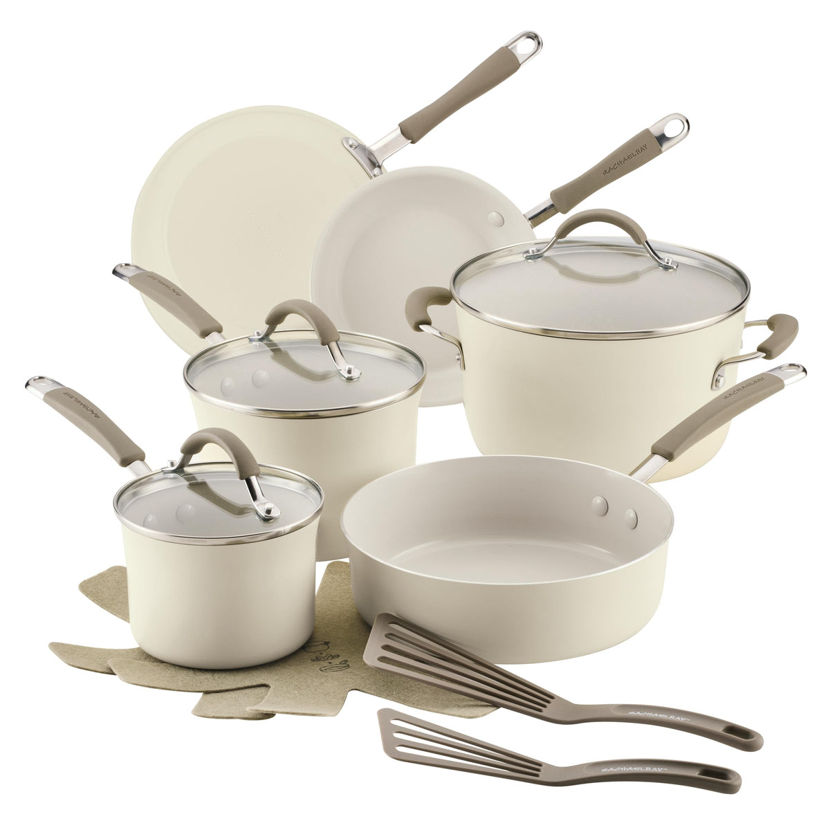 Rachael Ray front packaging showing full Almond cookware set and easy start benefit