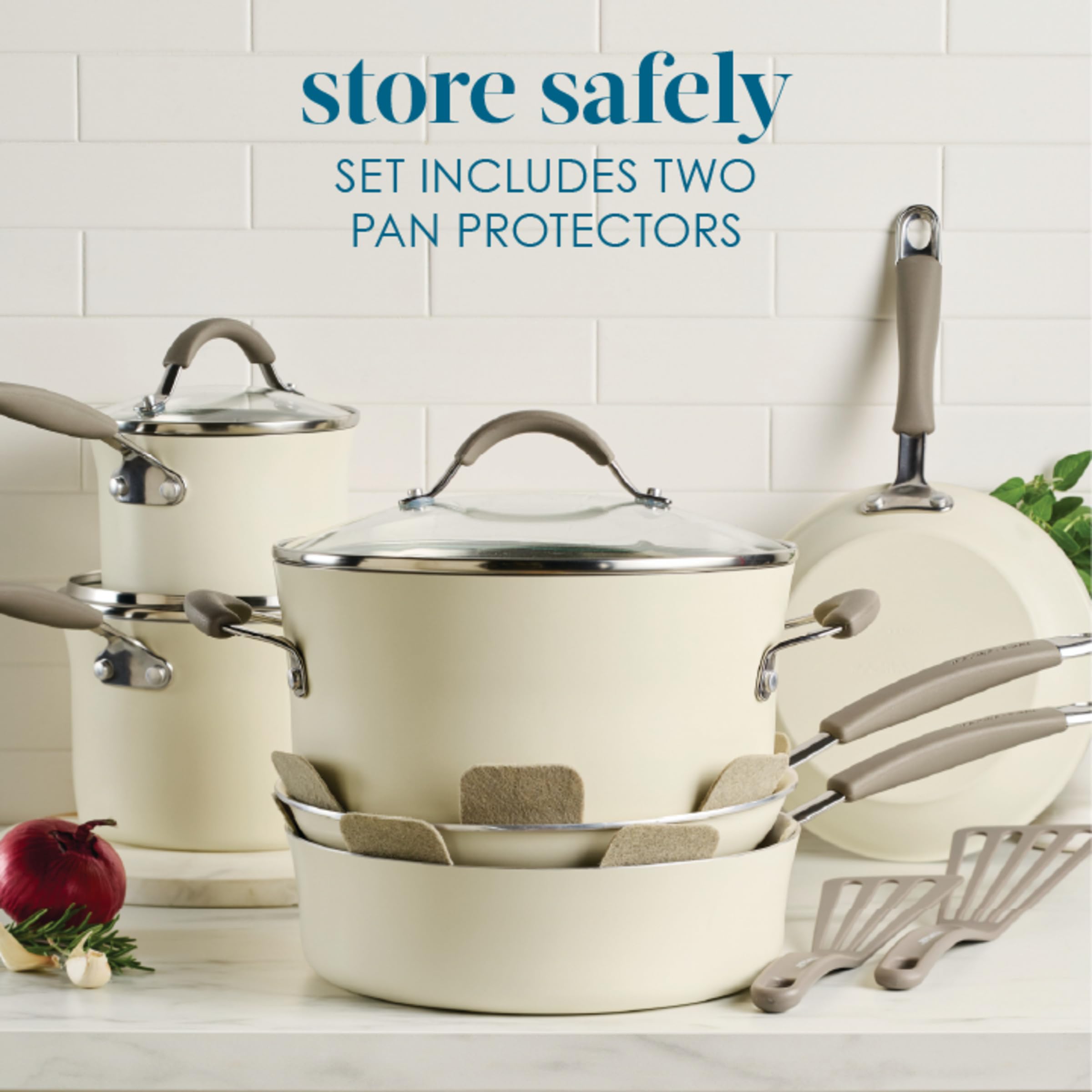 Rachael Ray full set stacked to show space-saving storage and protection benefit