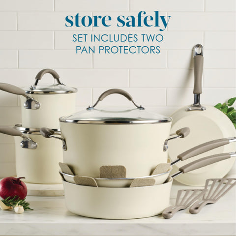 Rachael Ray full set stacked to show space-saving storage and protection benefit