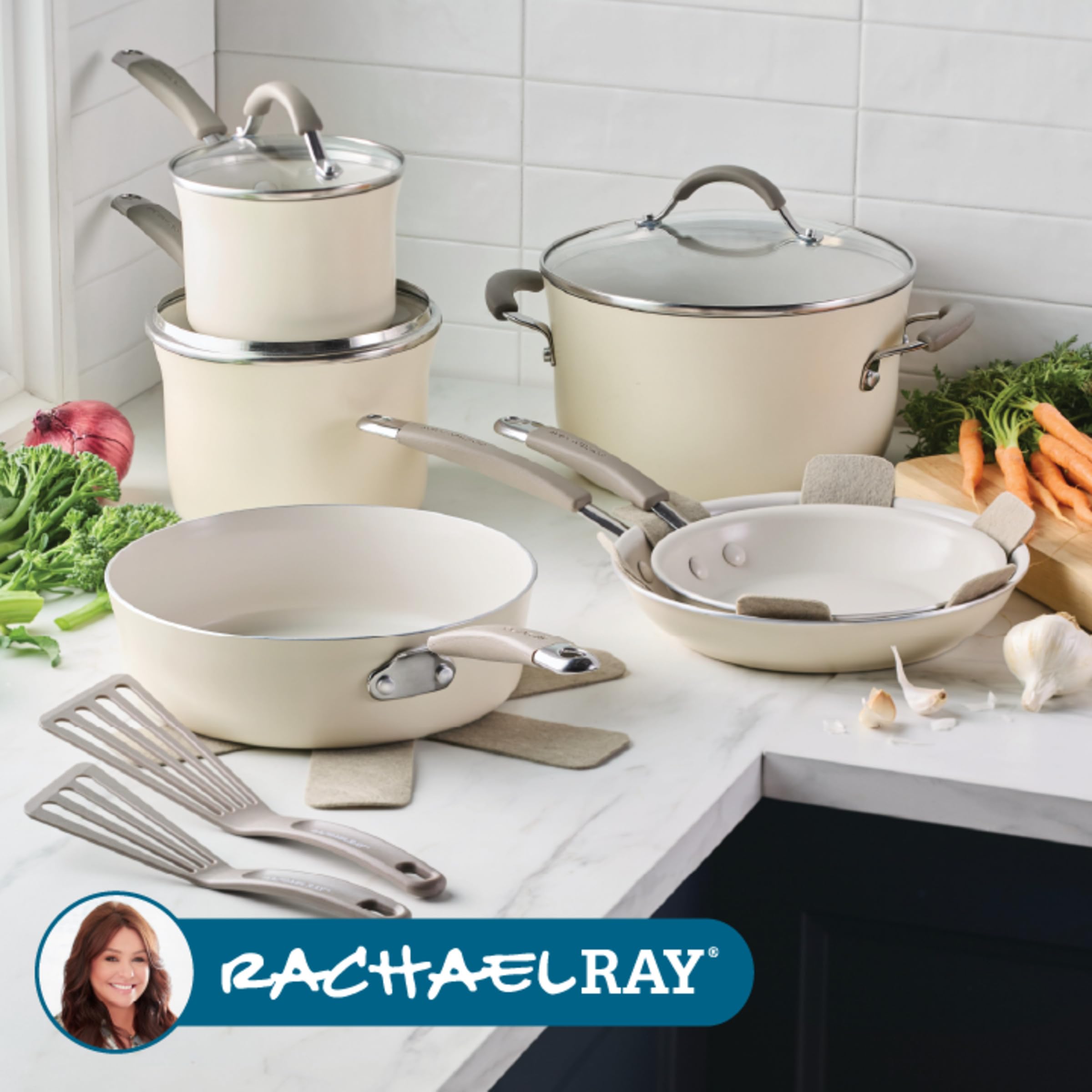 Rachael Ray pan in use on stovetop illustrating fast even heating benefit