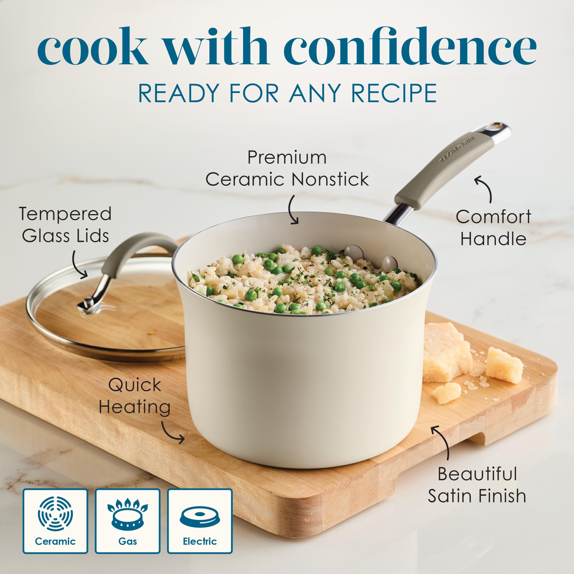 Rachael Ray included tools and felt protectors showing safe stirring and stacking benefit