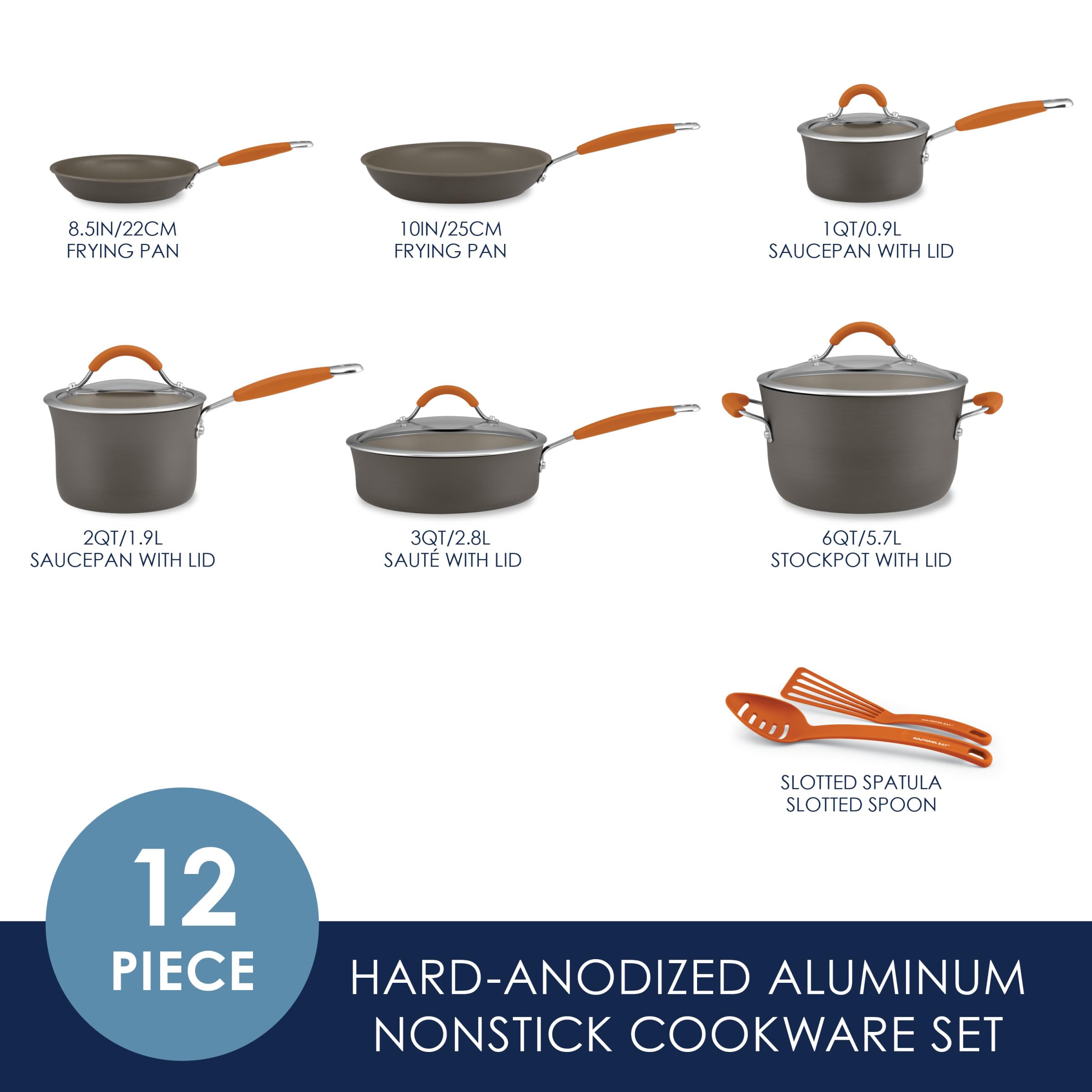 Rachael Ray Cucina contents arranged top-down to show included pots, pans, lids and utensils
