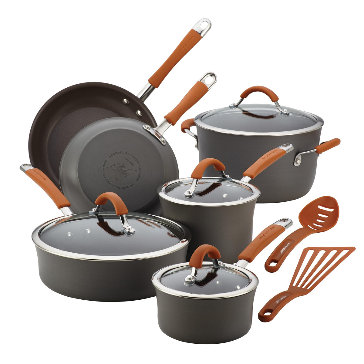 Rachael Ray Cucina front packaging showing full 12-piece gray set and box benefits