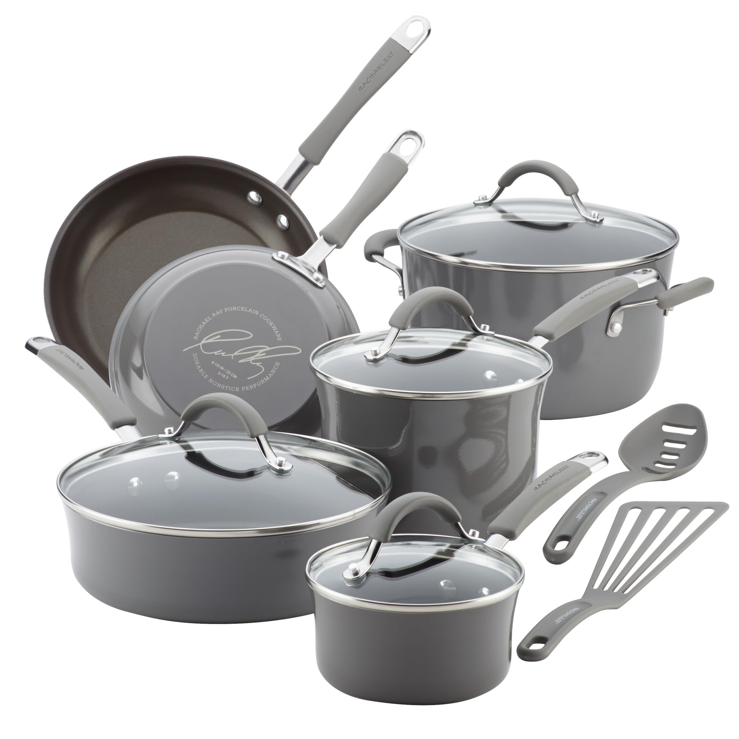 Rachael Ray Cucina front packaging showing set and Sea Salt Gray finish benefits