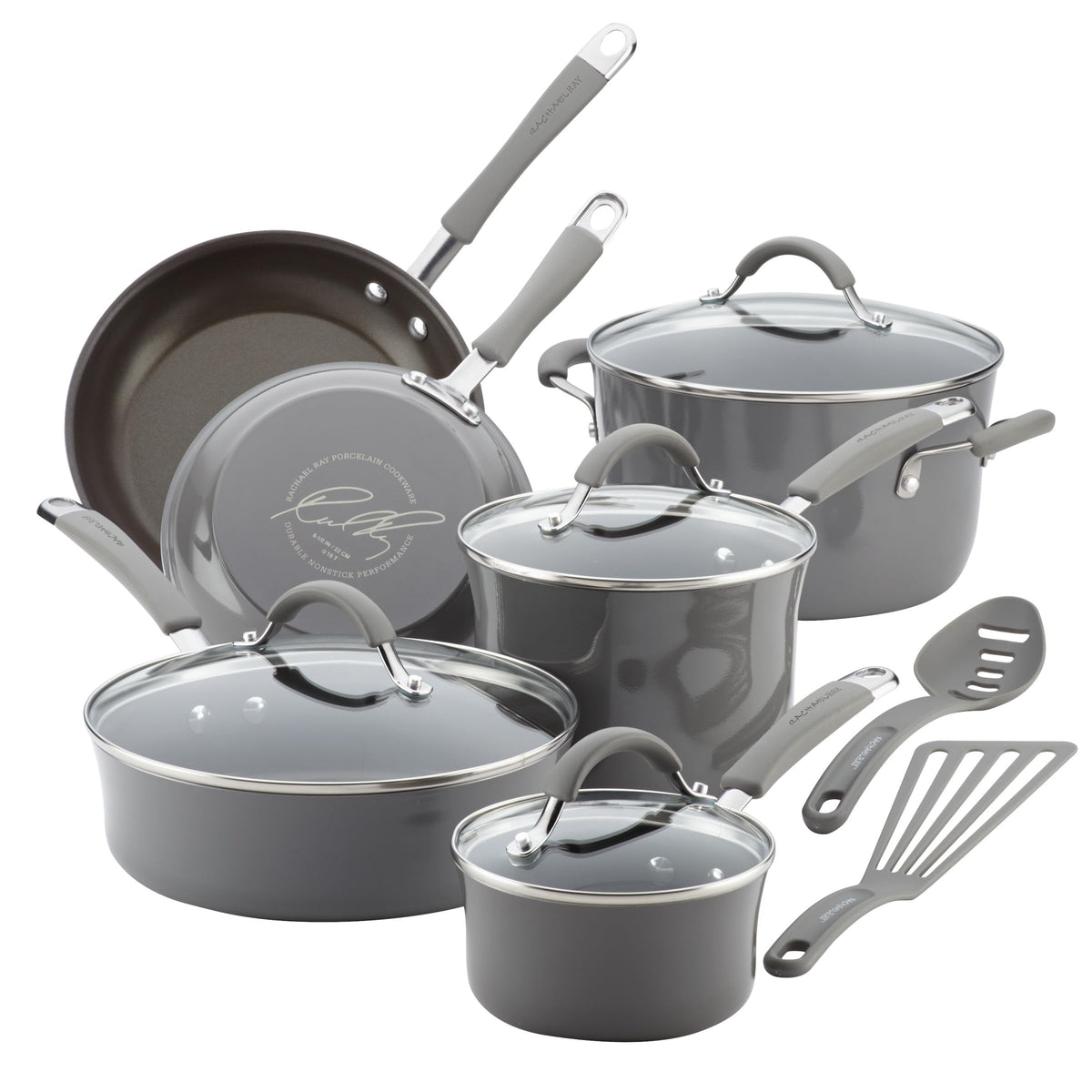 Rachael Ray Cucina front packaging showing set and Sea Salt Gray finish benefits