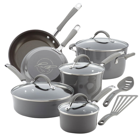 Rachael Ray Cucina front packaging showing set and Sea Salt Gray finish benefits