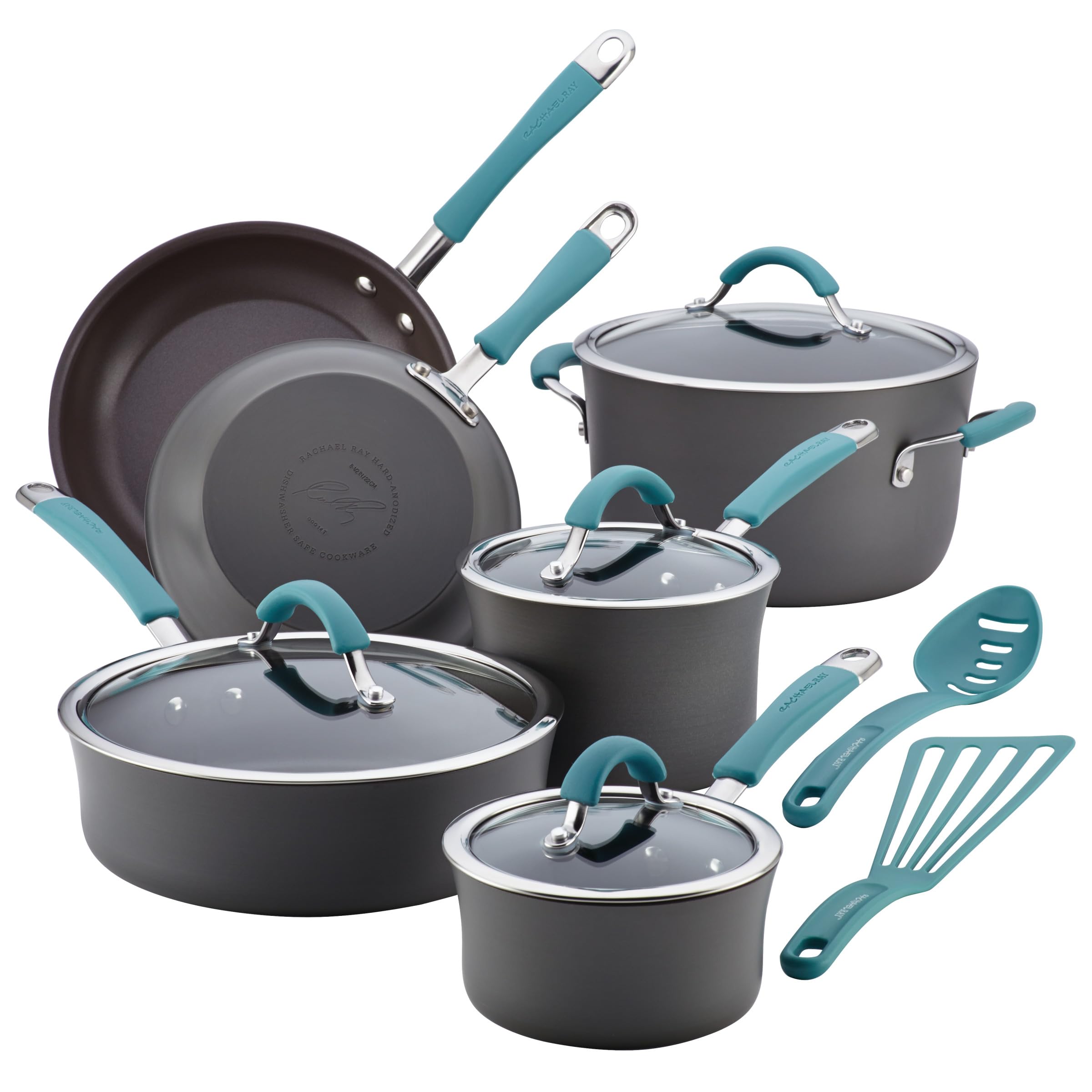 Rachael Ray cookware front packaging showing the full 12-piece set and benefits