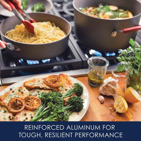 Rachael Ray Cucina glass lid closeup with stainless rim for visibility and safe simmering
