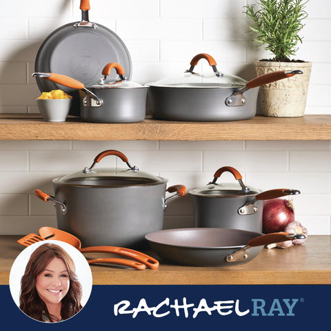 Rachael Ray Cucina handle detail showing silicone-over-stainless grip for comfortable control