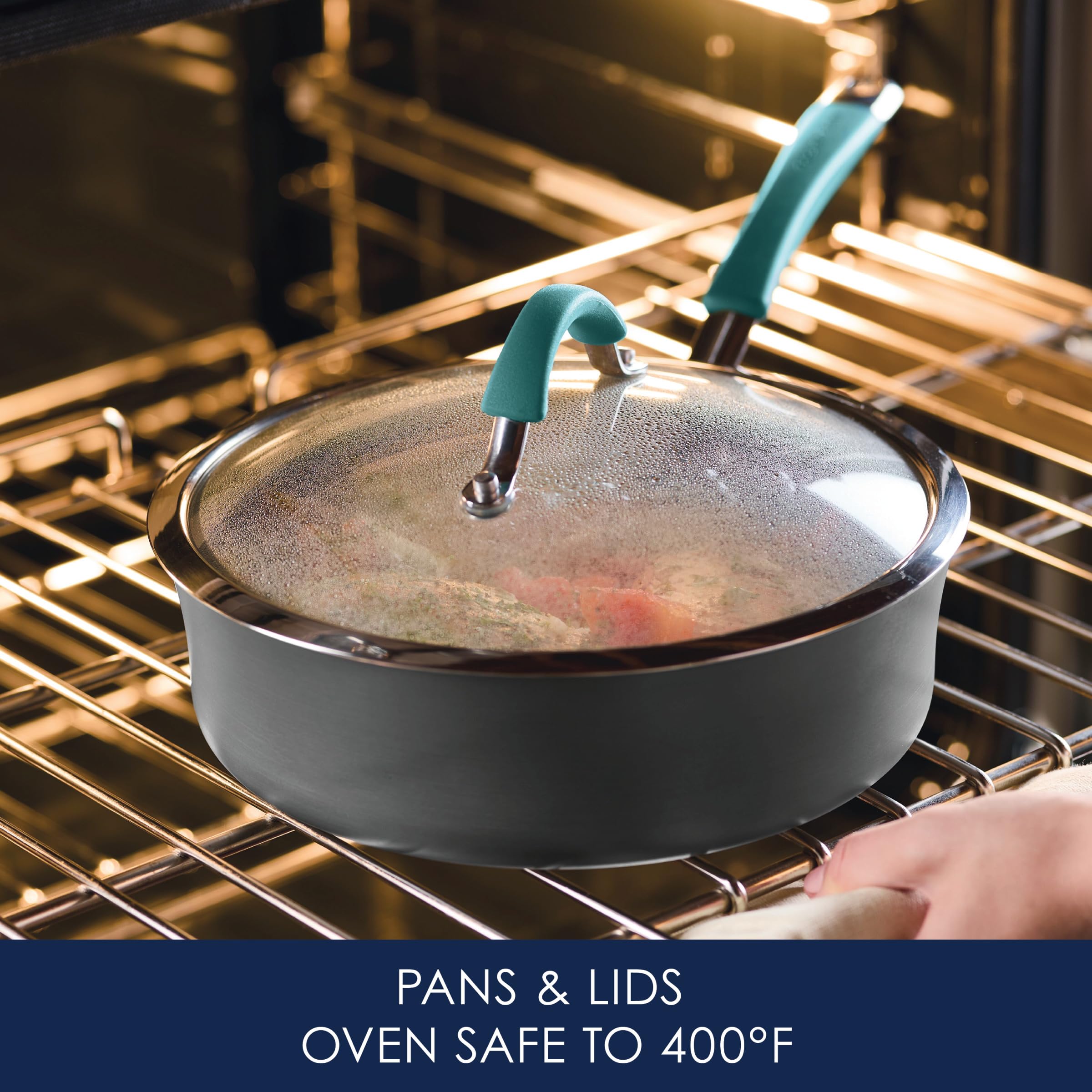 Rachael Ray ergonomic silicone-over-stainless handle detail for comfortable grip