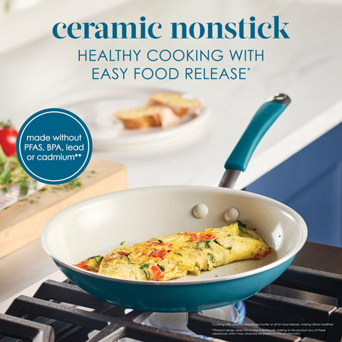 Rachael Ray ceramic nonstick close-up showing smooth cooking surface for easy release