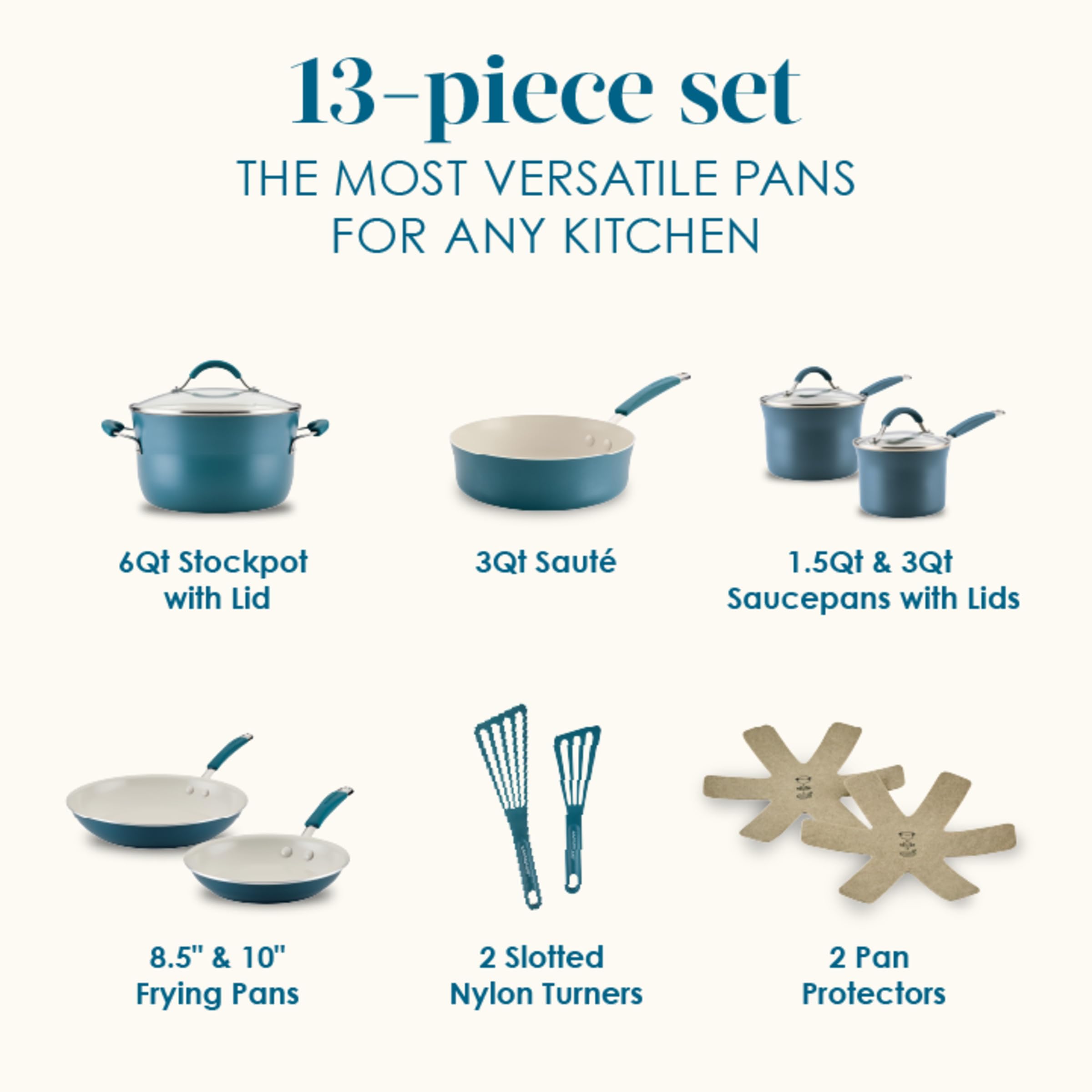 Rachael Ray full cookware set arranged displaying pans, lids, and accessories