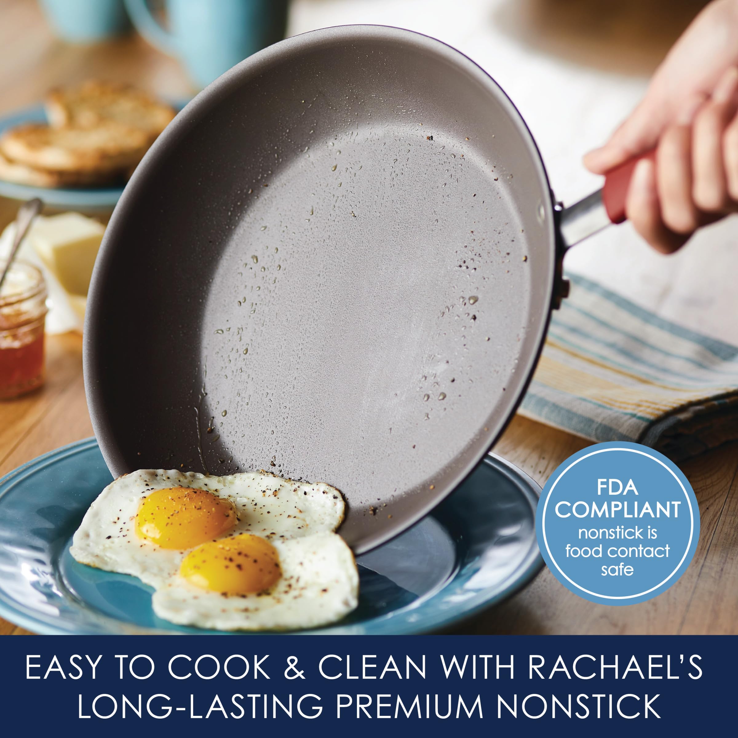 Rachael Ray Cucina red handle detail showing silicone-over-stainless grip for comfortable control