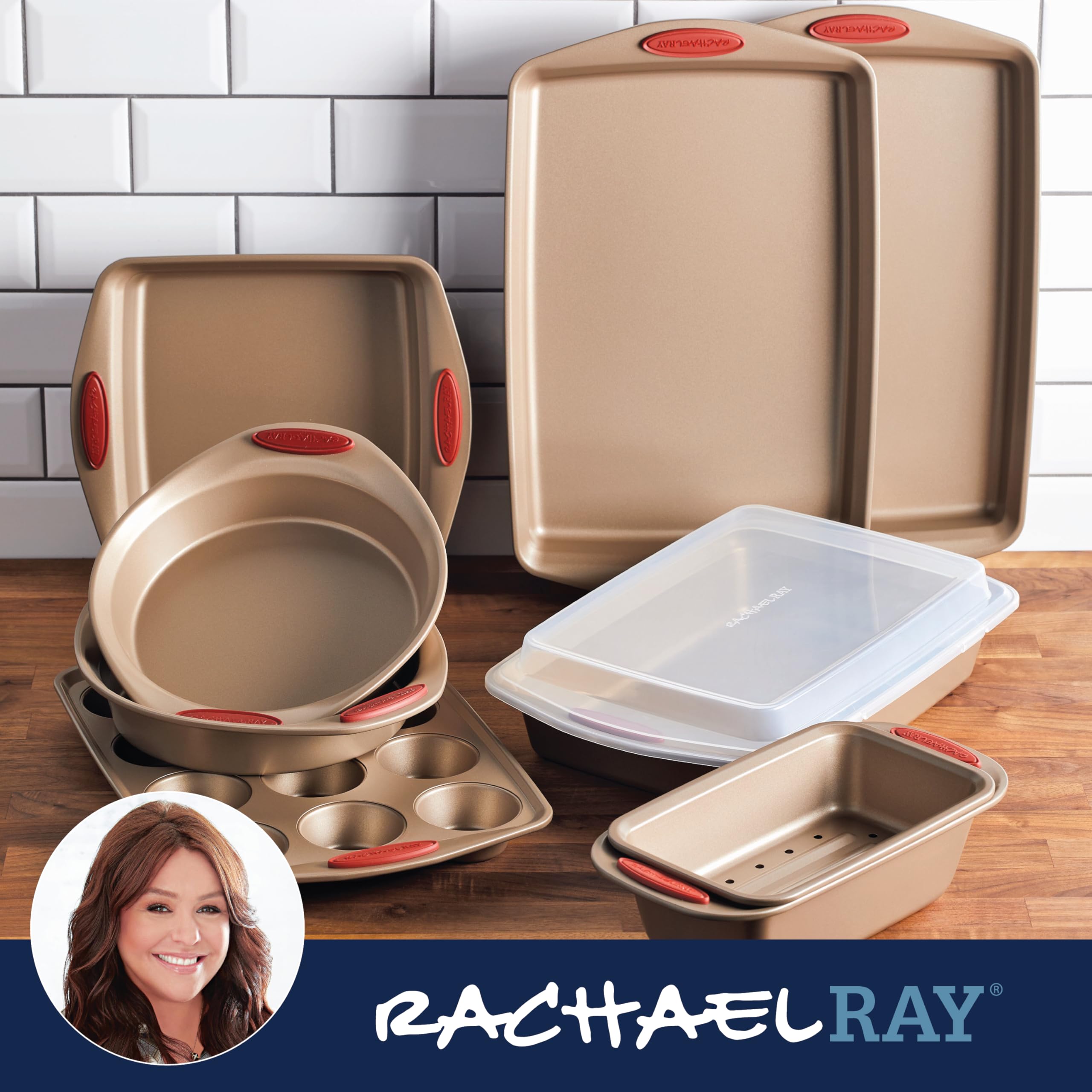 Rachael Ray Cucina round cake pan with layered cake ready to serve