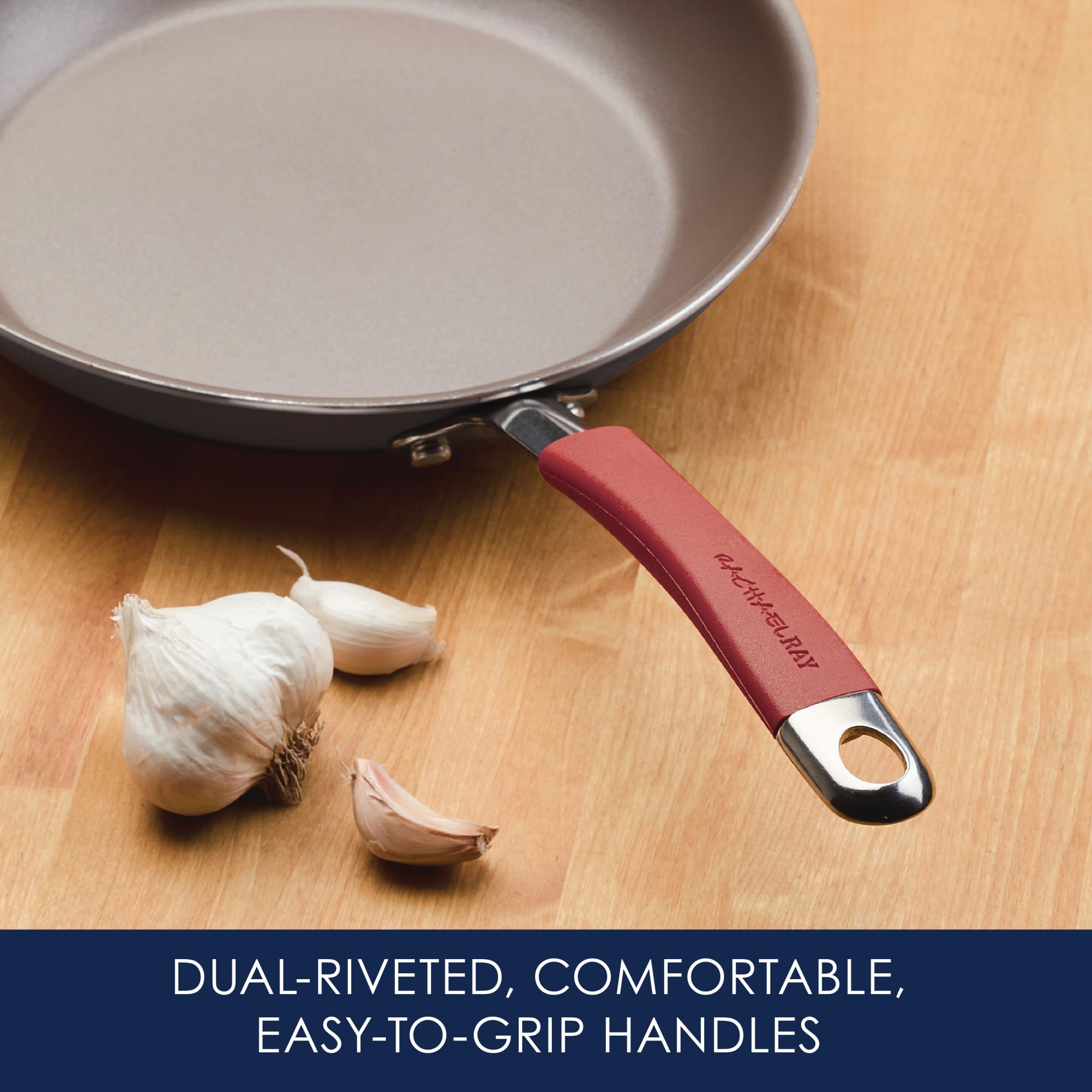 Rachael Ray Cucina saucepan and lid on stove illustrating even heating and quick sauces