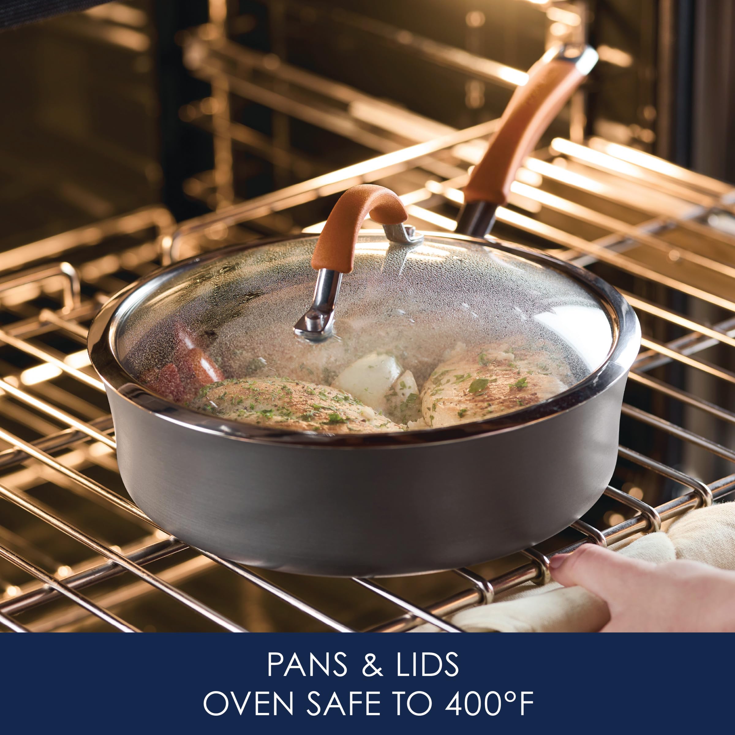 Rachael Ray Cucina saucepan pouring sauce to highlight easy pour and cleanup benefit