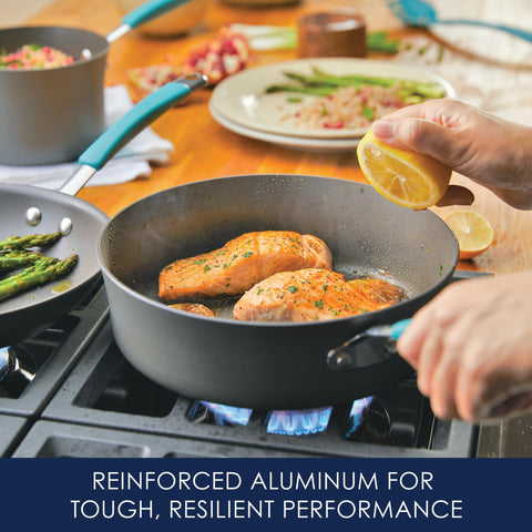 Rachael Ray saucepans with lids stacked to show included sizes and versatility