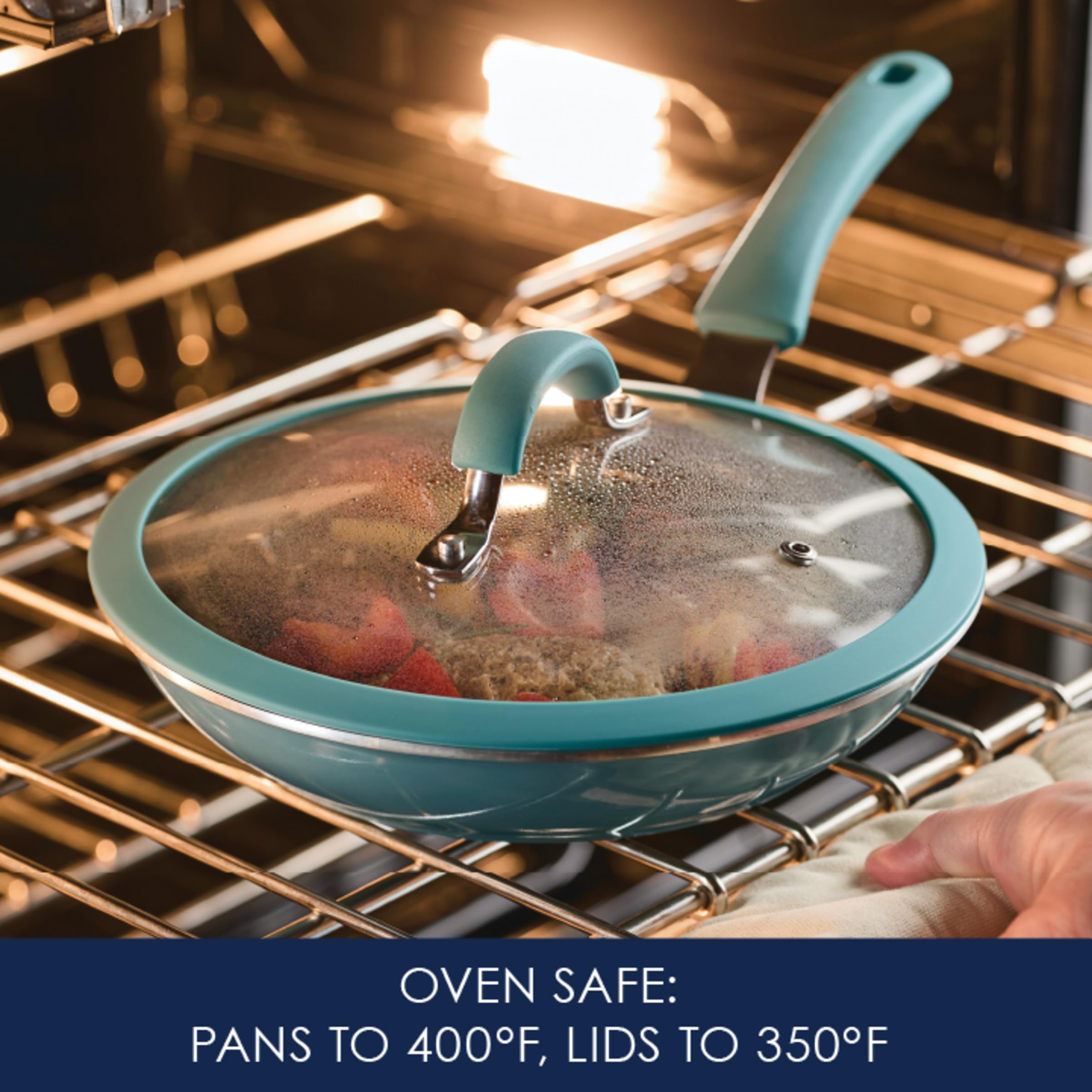 Rachael Ray dual rivet handle joint closeup for sturdy, durable handling