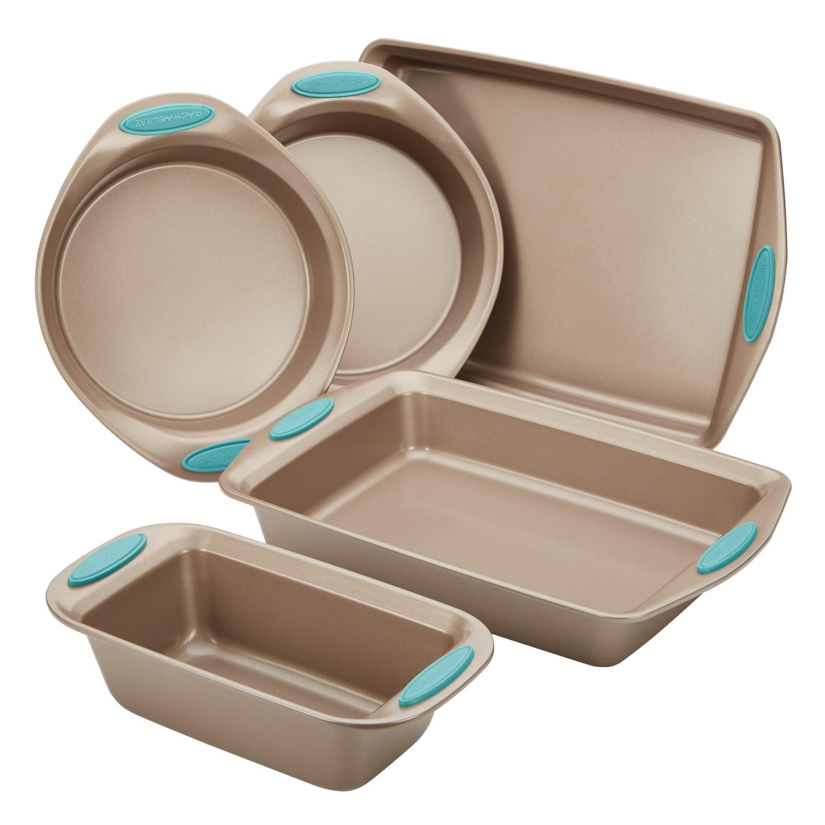 Rachael Ray front packaged set view showing complete latte bakeware and grips, convenient organization
