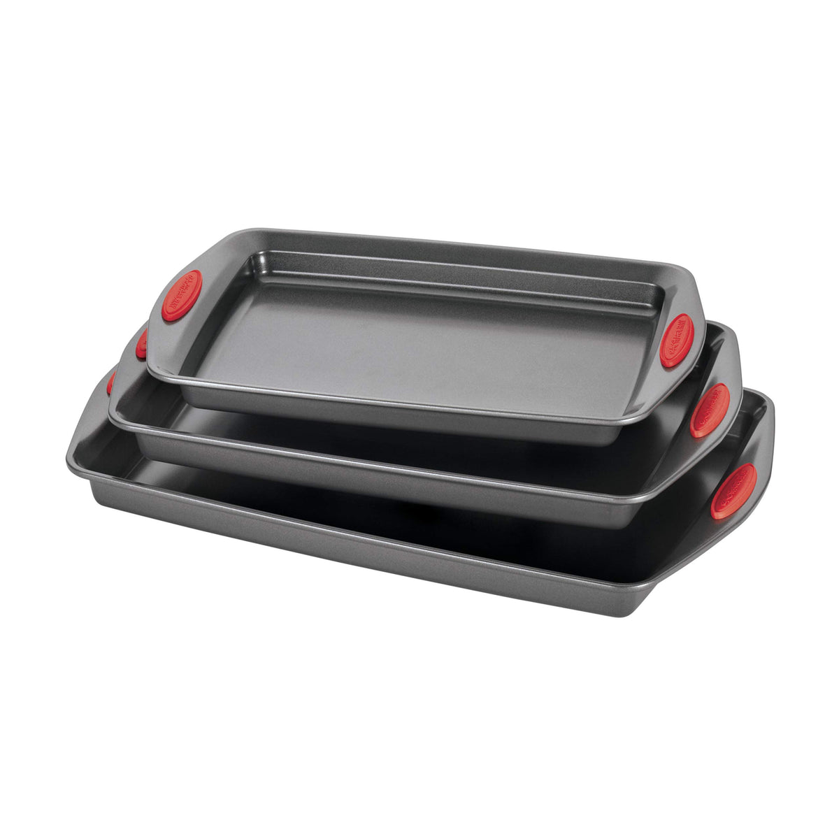 Rachael Ray front view of gray pans with red grips showing set and benefit