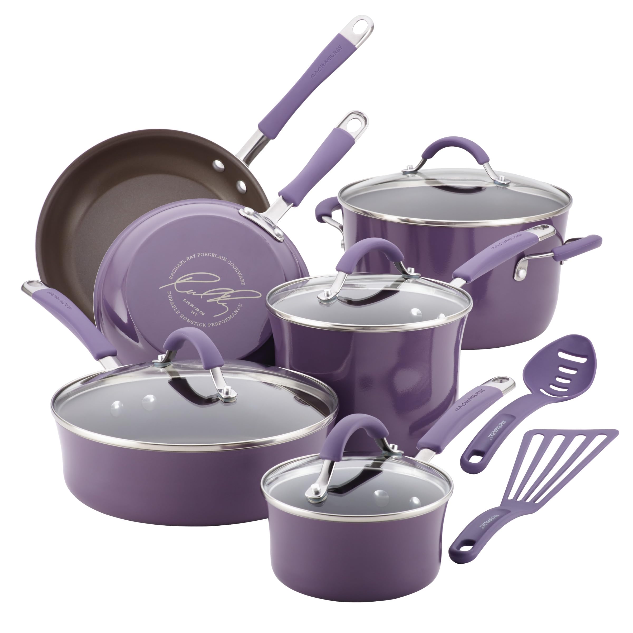 Rachael Ray front packaging of purple Cucina set shows complete collection and appeal