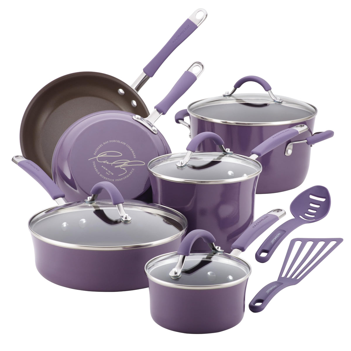 Rachael Ray front packaging of purple Cucina set shows complete collection and appeal