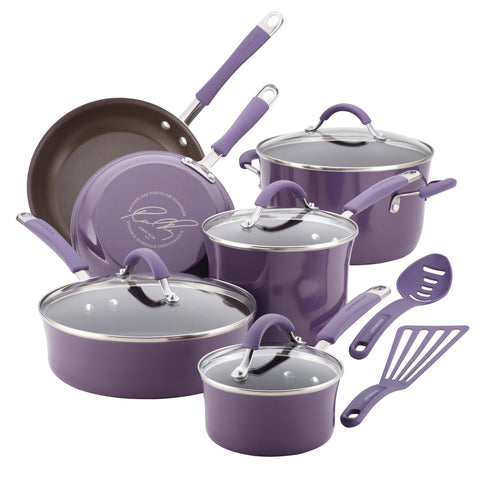 Rachael Ray front packaging of purple Cucina set shows complete collection and appeal