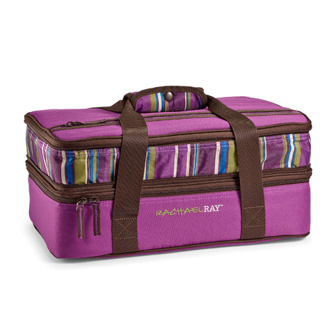 Rachael Ray front view of purple lugger showing exterior pocket and zip for easy transport