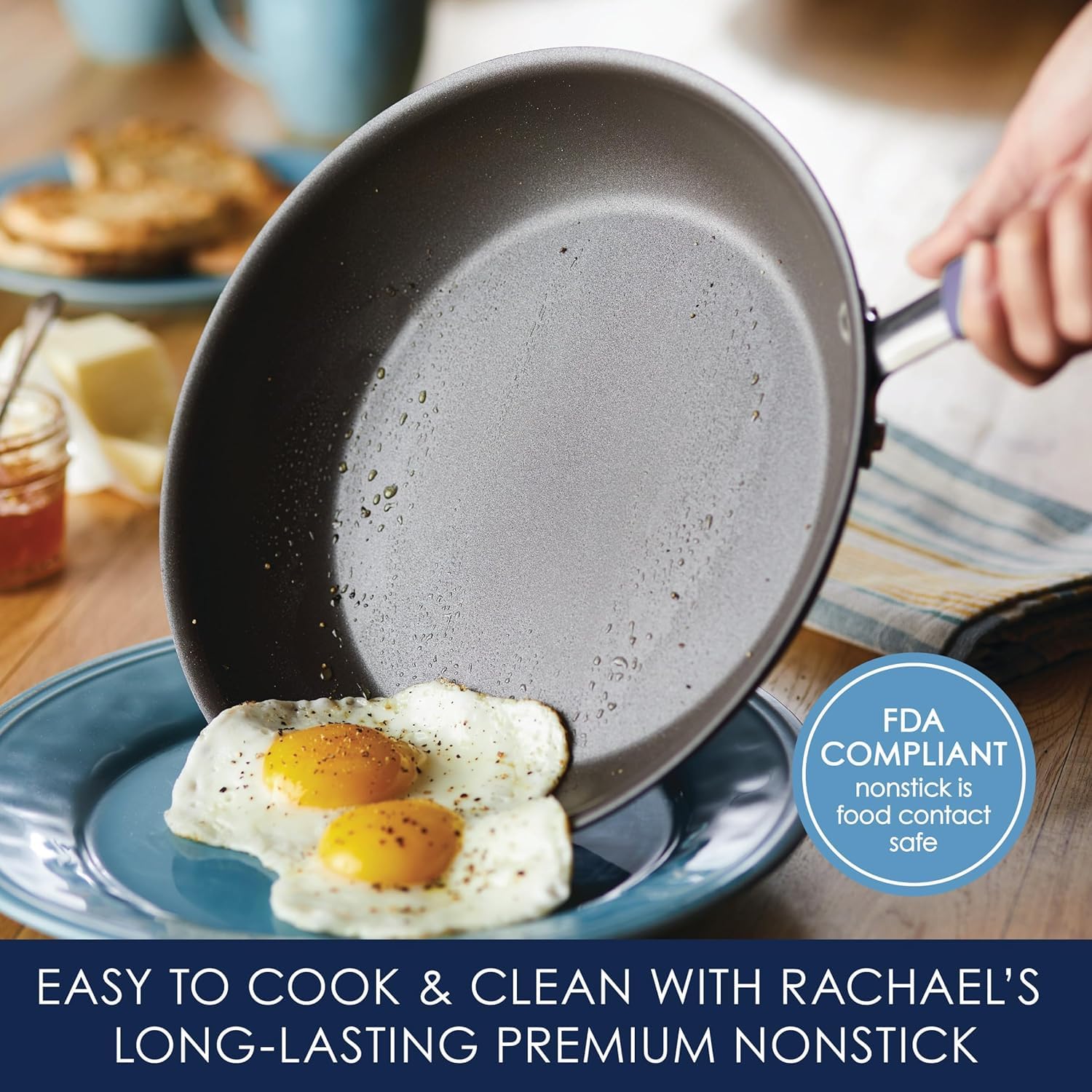 Rachael Ray glass lid close-up showing shatter-resistant construction benefit