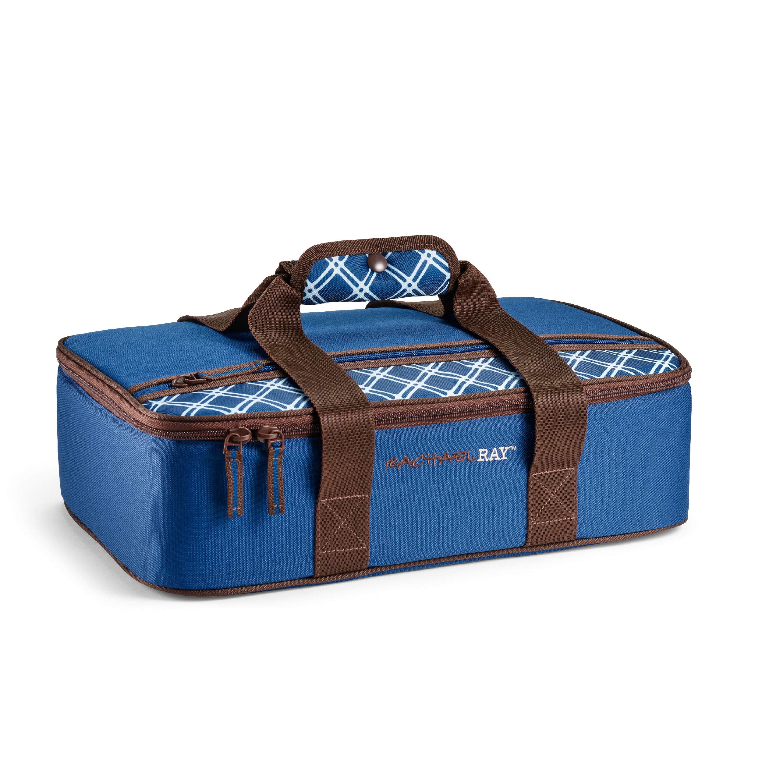 Rachael Ray lasagna lugger front view navy plaid shows durable exterior and organized look